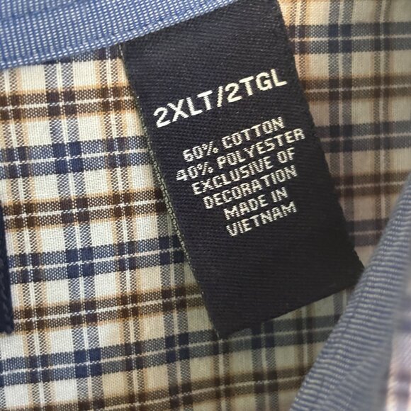 Chaps Mens Easy Care Button-Up Shirt 2XL Tall Plaid Cotton Blend Brown & Blue - Picture 4 of 13